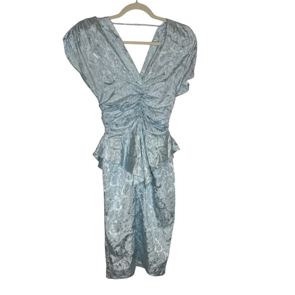 👗✨ Steppin Out Vintage Powder Blue Jacquard Ruched Peplum Dress ✨👗 - Picture 1 of 5